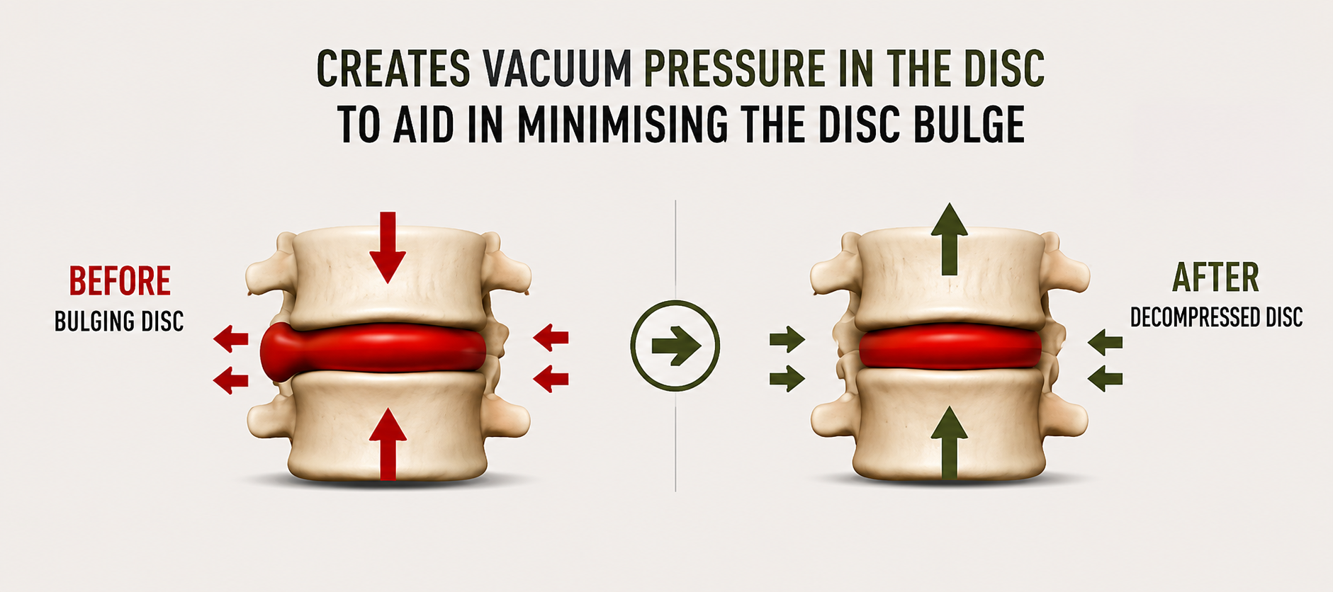 Diagram showing a bulging disc before decompression and a decompressed disc after, with arrows indicating gentle traction easing pressure